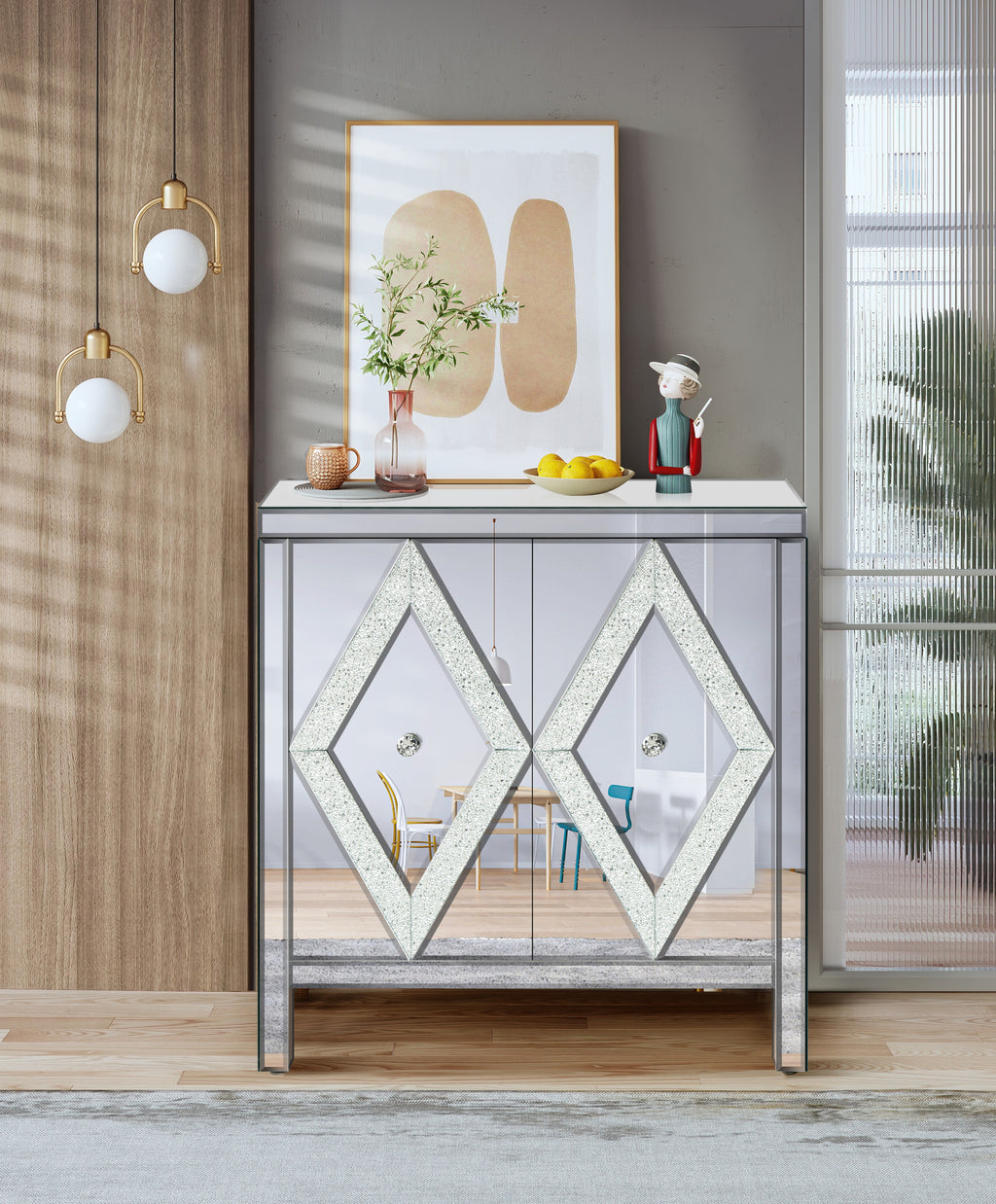 Storage Cabinet With Mirror Trim And Diamond Shape Design  Spliced Combination For Living Room, Dining Room, Entryway, Kitchen - Grand Goldman Shop