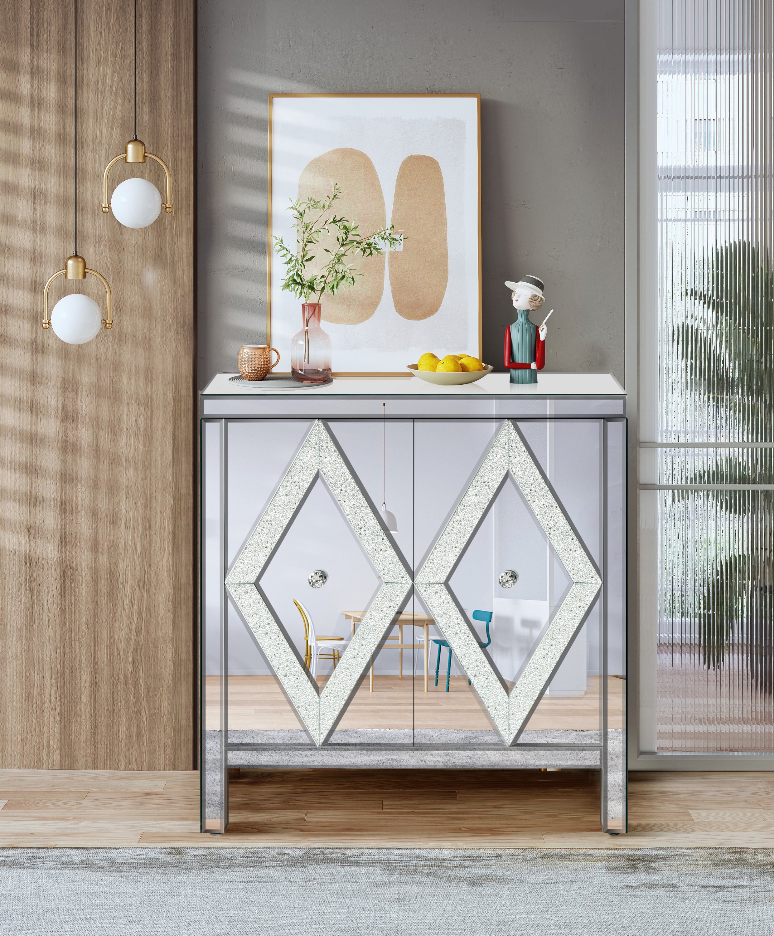 Storage Cabinet With Mirror Trim And Diamond Shape Design  Spliced Combination For Living Room, Dining Room, Entryway, Kitchen - Grand Goldman Shop