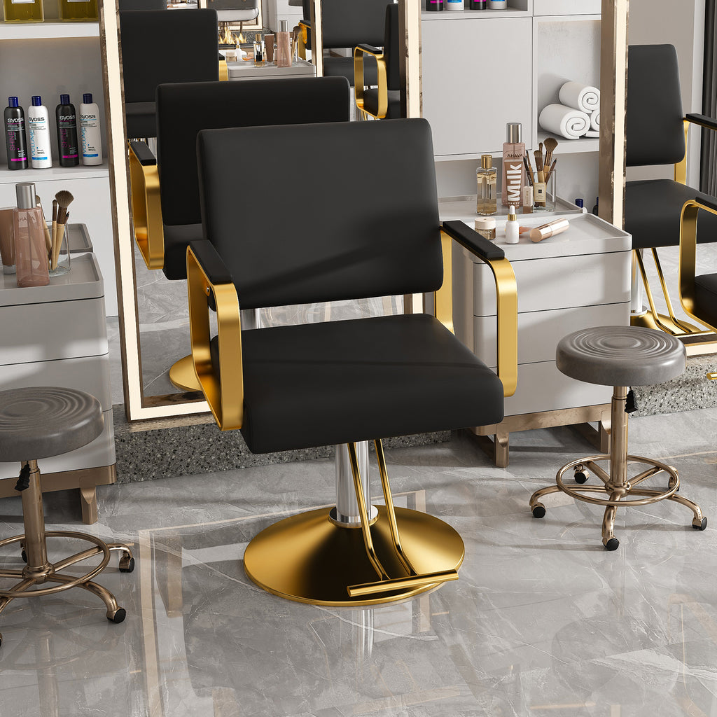 Hydraulic Salon Chair - 360° Swivel Barber Stylist Chair with Pump, Non-Tilting Design in Black and Gold PU Leather - Grand Goldman Shop