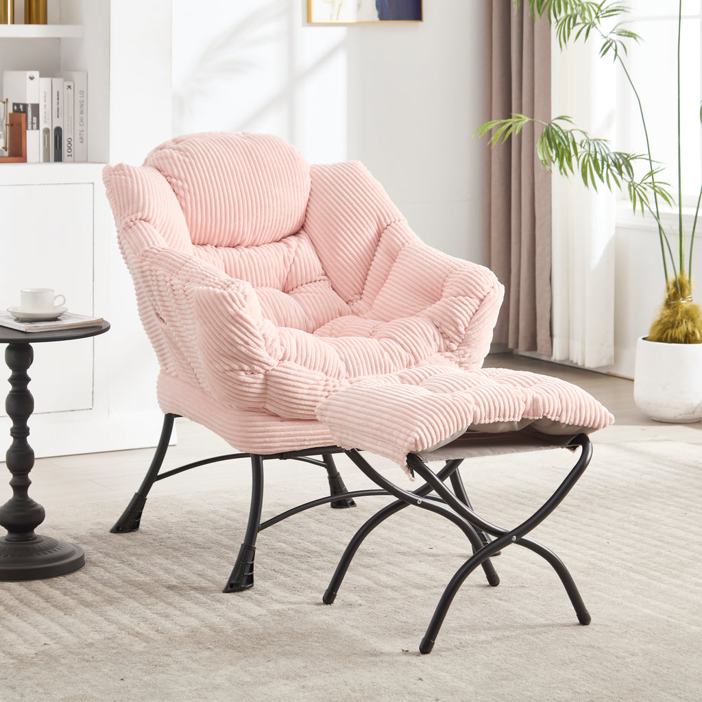 Lazy Chair with Ottoman, Modern Lounge Accent Chair with Armrests and a Side Pocket, Leisure Upholstered Sofa Chair Reading Chair with Footrest for Small Space, Corner Chair-Pink - Grand Goldman Shop