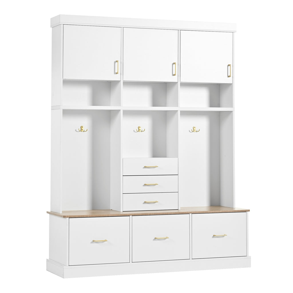 75'' H Entryway Hall Tree with Bench and Storage, 5-in-1 Modern Hall Tree with Coat Rack, 6 Drawers, 3 Cabinets and 3-Tier Top Storage for Hallway, Entryway, Living Room, Mudroom - Grand Goldman Shop