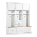 75'' H Entryway Hall Tree with Bench and Storage, 5-in-1 Modern Hall Tree with Coat Rack, 6 Drawers, 3 Cabinets and 3-Tier Top Storage for Hallway, Entryway, Living Room, Mudroom - Grand Goldman Shop