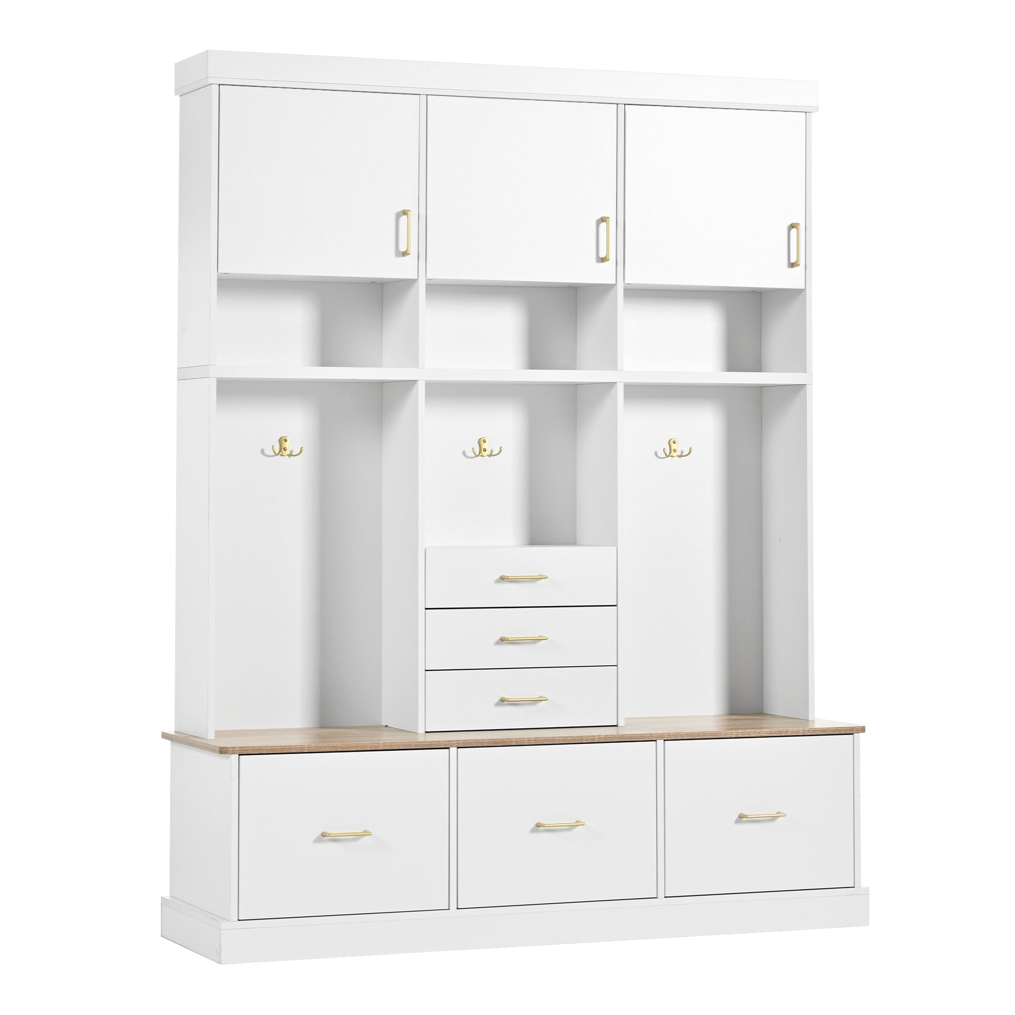 75'' H Entryway Hall Tree with Bench and Storage, 5-in-1 Modern Hall Tree with Coat Rack, 6 Drawers, 3 Cabinets and 3-Tier Top Storage for Hallway, Entryway, Living Room, Mudroom - Grand Goldman Shop