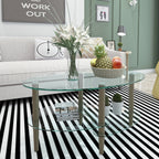 Modern Transparent Oval Glass Coffee Table with Oak Wood Legs, 3-Layer Design for Living Room - Grand Goldman Shop