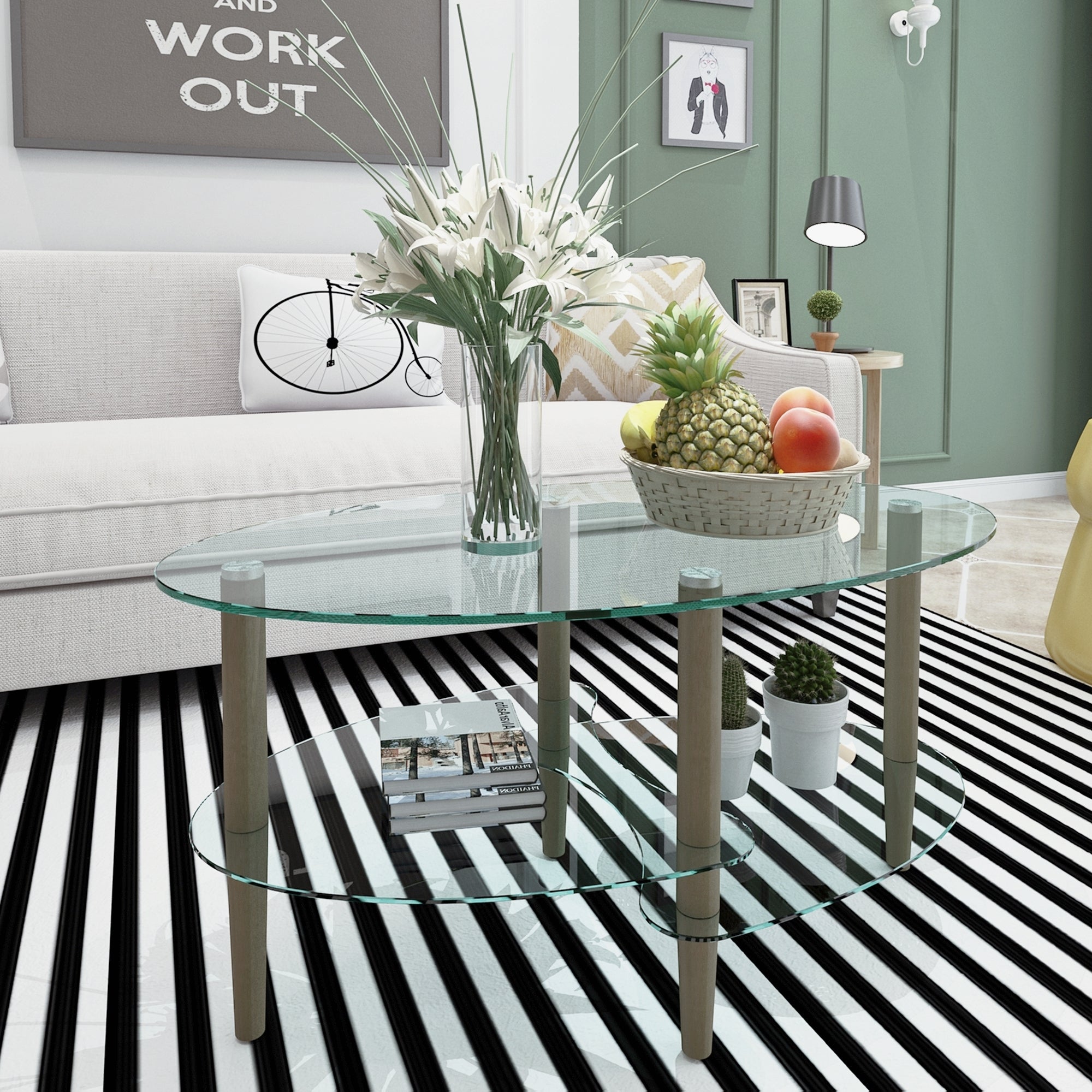 Modern Transparent Oval Glass Coffee Table with Oak Wood Legs, 3-Layer Design for Living Room - Grand Goldman Shop