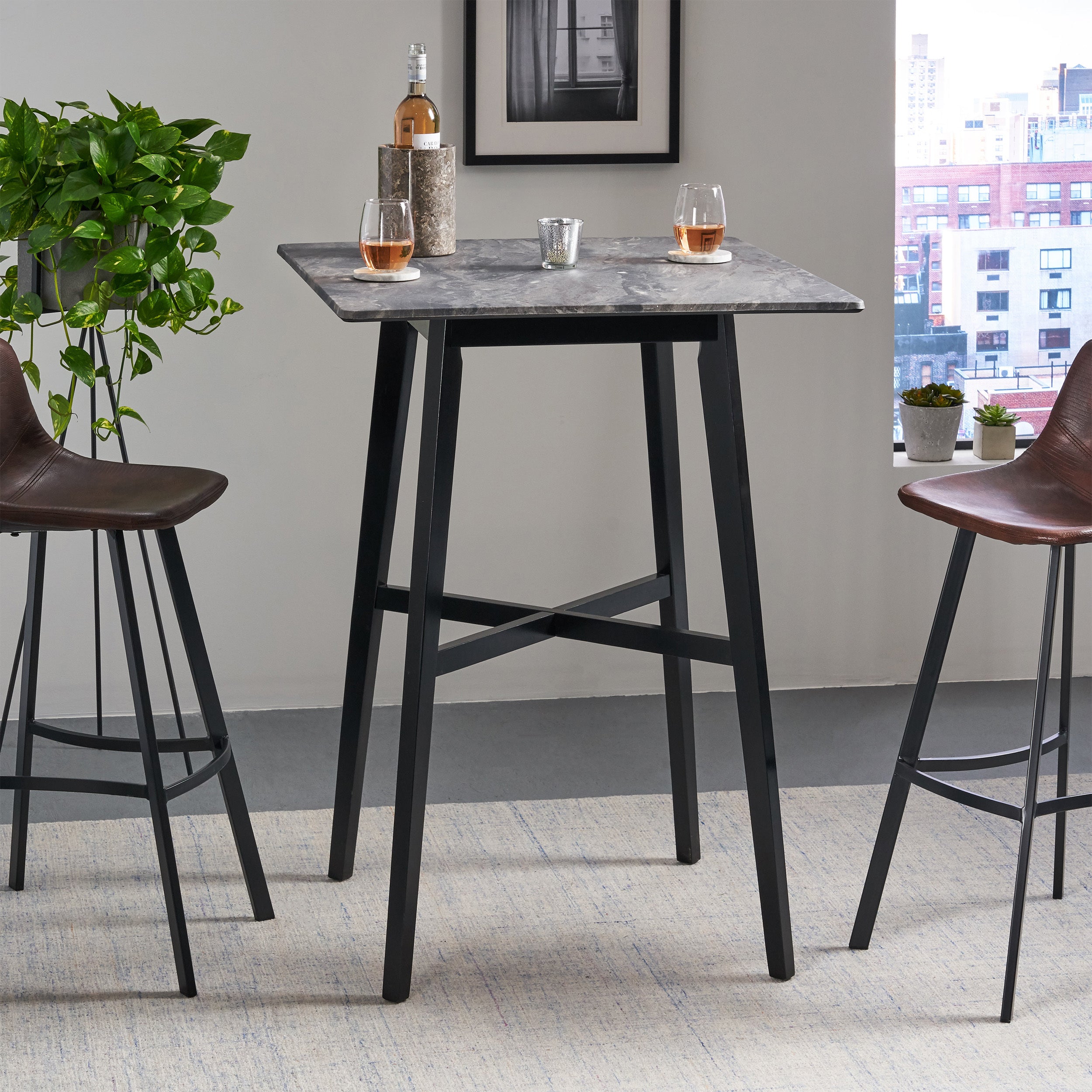 Modern Bar Height 42' Dining Table, Rubberwood Legs and Laminate Table Top, Paladina Marble Finish, Black - Grand Goldman Shop