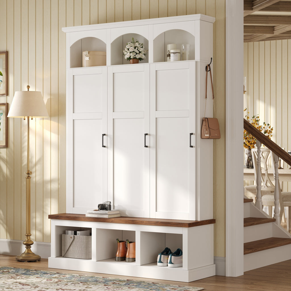 Classic Arched Design Hall Tree with 3 Hidden Storage, Farmhouse Mudroom with Walnut Bench, Mid-Century All-in-One Entryway Organizer with 5 Hooks for Hallway, White - Grand Goldman Shop