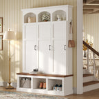 Classic Arched Design Hall Tree with 3 Hidden Storage, Farmhouse Mudroom with Walnut Bench, Mid-Century All-in-One Entryway Organizer with 5 Hooks for Hallway, White - Grand Goldman Shop