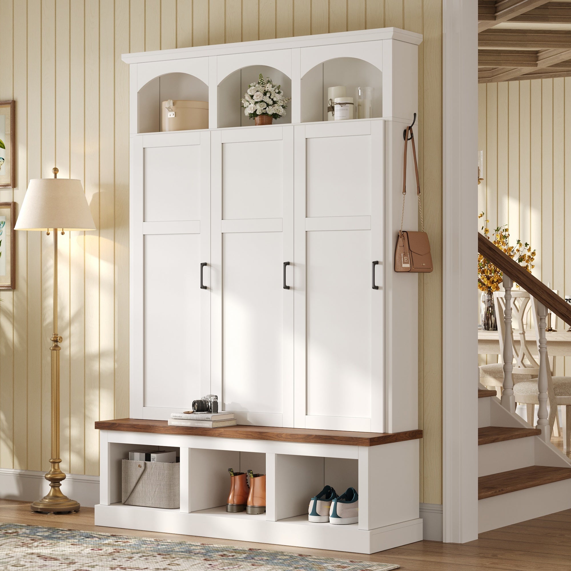 Classic Arched Design Hall Tree with 3 Hidden Storage, Farmhouse Mudroom with Walnut Bench, Mid-Century All-in-One Entryway Organizer with 5 Hooks for Hallway, White - Grand Goldman Shop