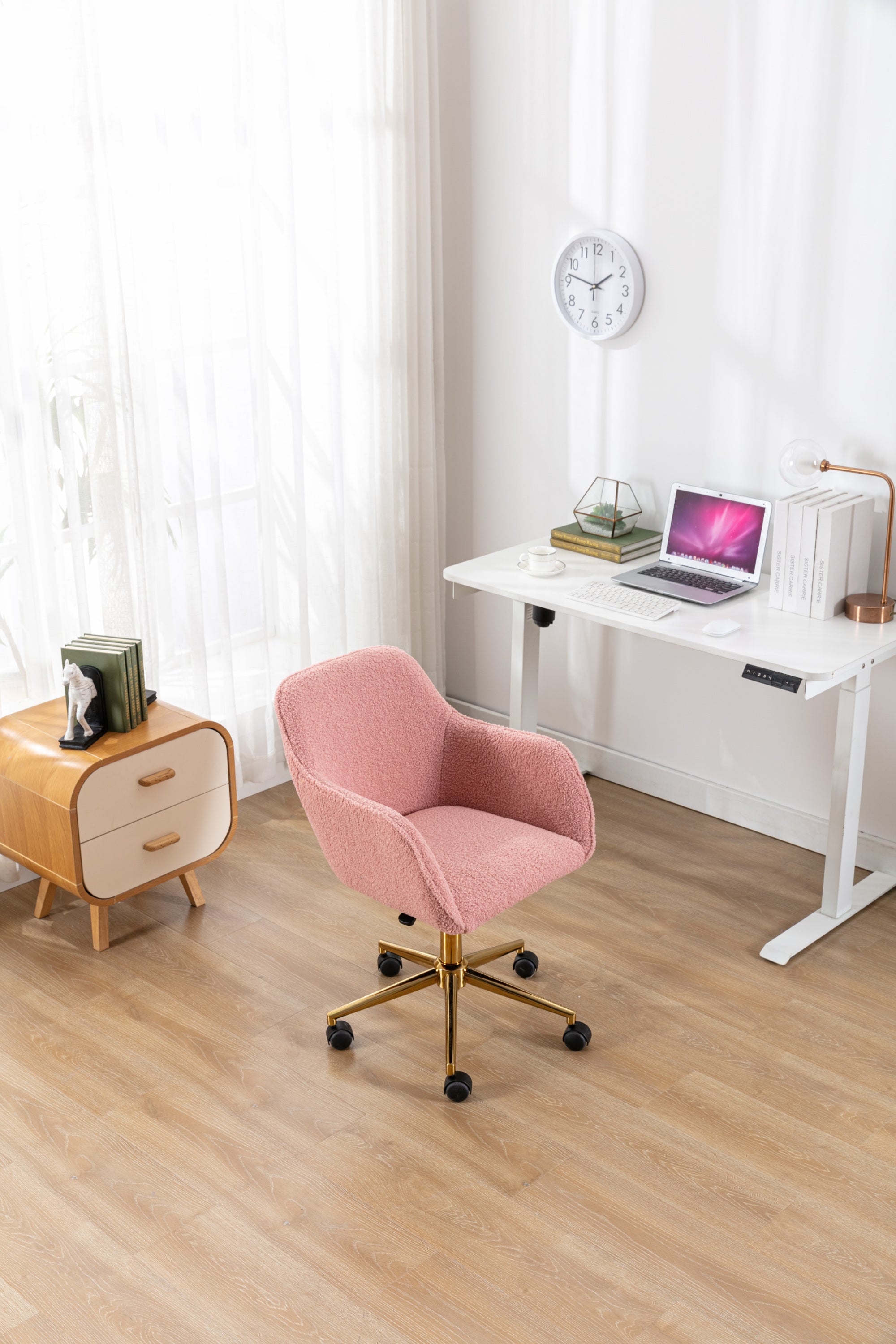 Modern Teddy Fabric Material Adjustable Height 360 Revolving Home Office Chair With Gold Metal Legs And Universal Wheel For I