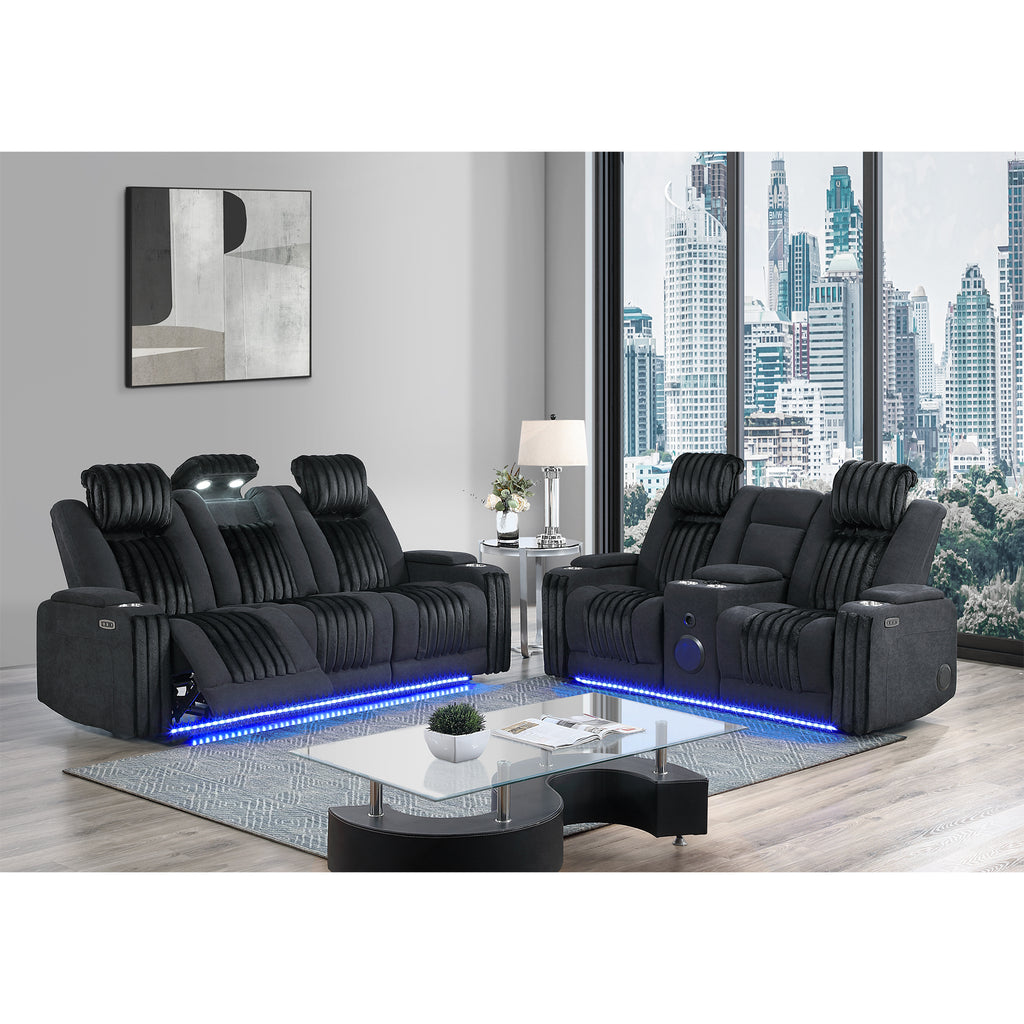Duran Black 2PC Power Reclining Sofa and Loveseat with Power Headrest, LED Light, USB, and Bluetooth Speaker - Grand Goldman Shop
