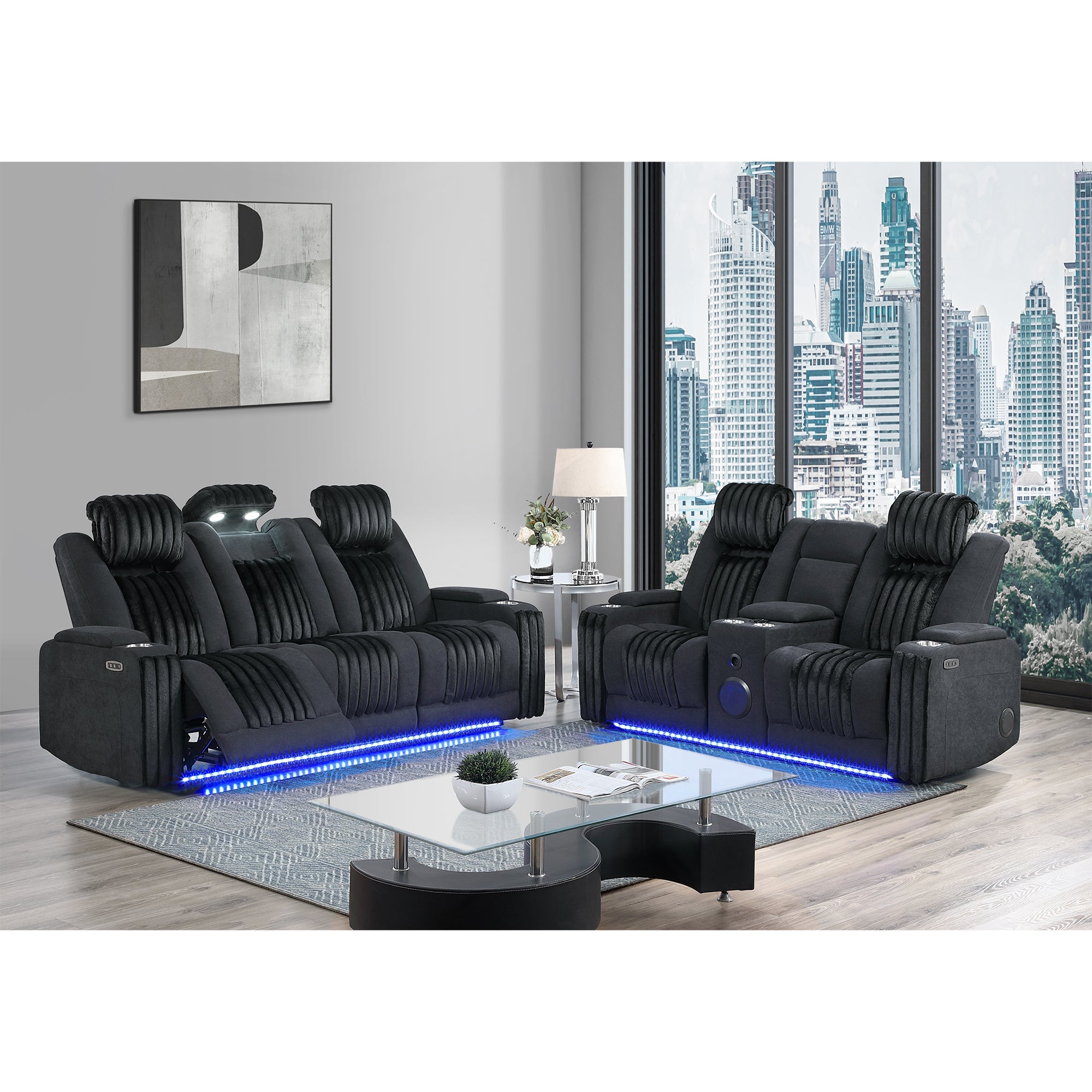 Duran Black 2PC Power Reclining Sofa and Loveseat with Power Headrest, LED Light, USB, and Bluetooth Speaker - Grand Goldman Shop