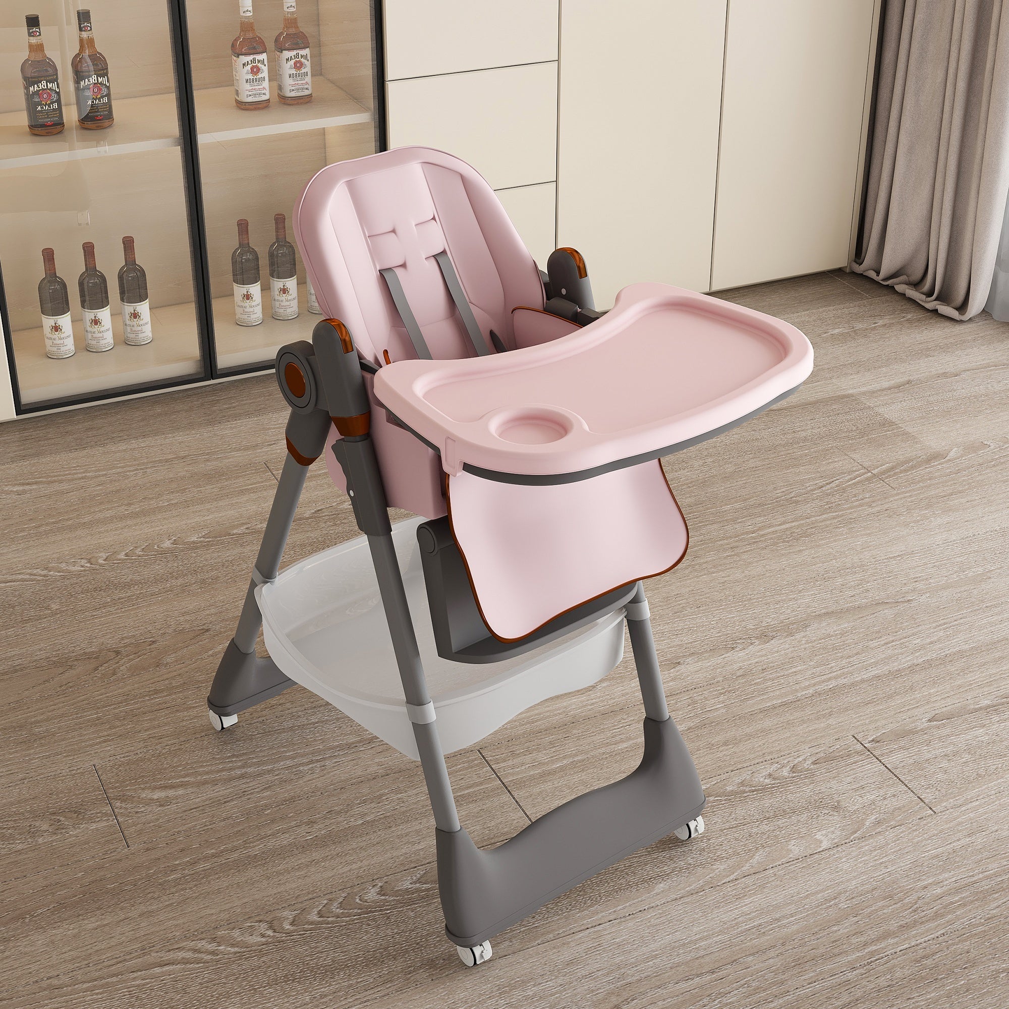 Adjustable Baby High Chair 0-6 Years – Portable Infant Feeding Seat with Safety Belt, Silent Lockable Wheels, Pink - Grand Goldman Shop