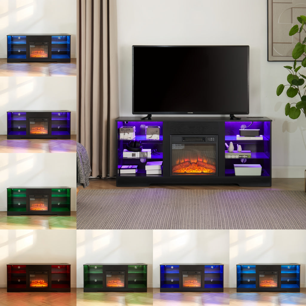 TV Stand Electric Fireplace TV Stand with Glass Shelves, 3D Fireplace TV Stand with LED Lights Wood with USB Charging Outlet Modern Television Table Center for TV up to 32-62' Black 58''W*15.4''D*24.6 - Grand Goldman Shop