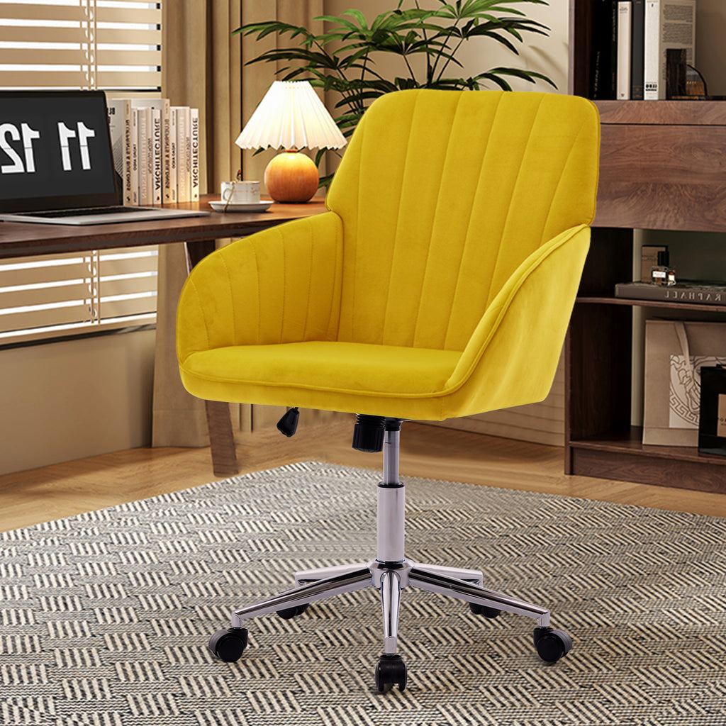TY Modern Office Chair with Gold Base, Bright Yellow Velvet Upholstery, Wide Backrest and Adjustable Height for Home or Offic