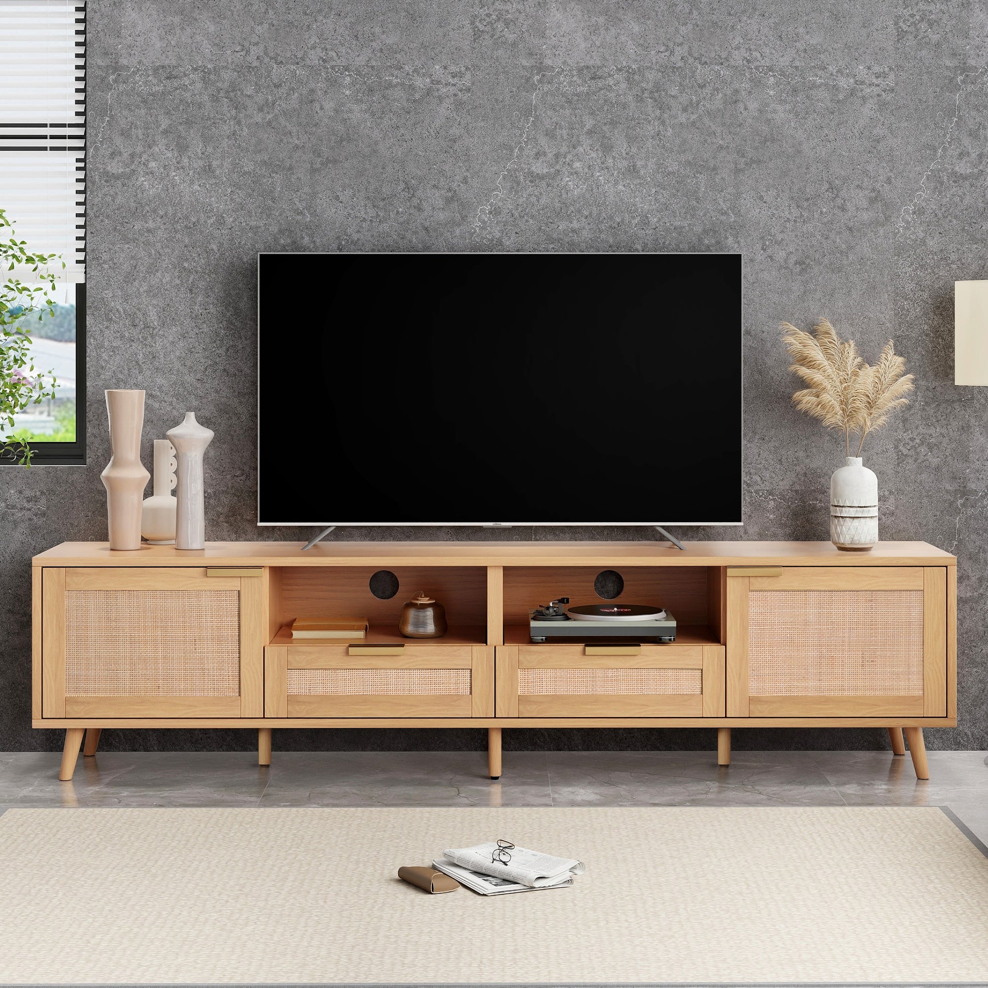 Modern Farmhouse Rattan TV Stand for TVs up to 85'', Solid Wood Legs, Media Console with MDF Board, Living Room Entertainment Center in Wood Finish - Grand Goldman Shop