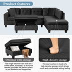 Modern Sectional Sofa with Storage Ottoman, L-Shape Couch with 2 Pillows and Cup Holders, Black Velvet, 105' - Grand Goldman Shop