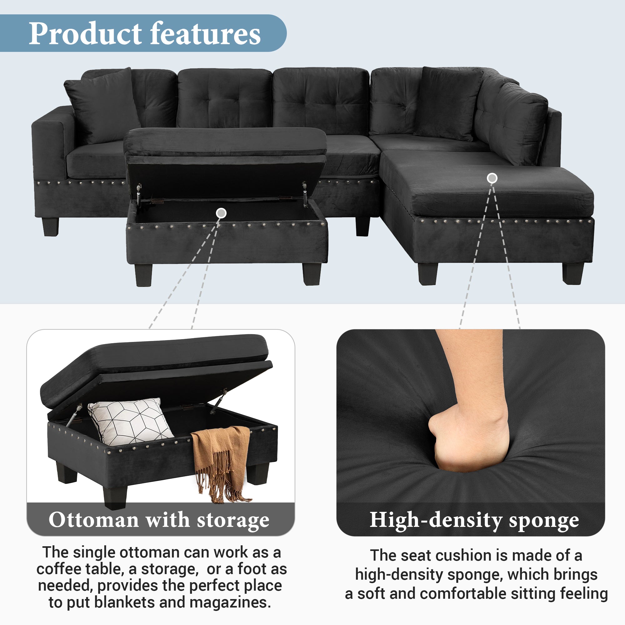 Modern Sectional Sofa with Storage Ottoman, L-Shape Couch with 2 Pillows and Cup Holders, Black Velvet, 105' - Grand Goldman Shop