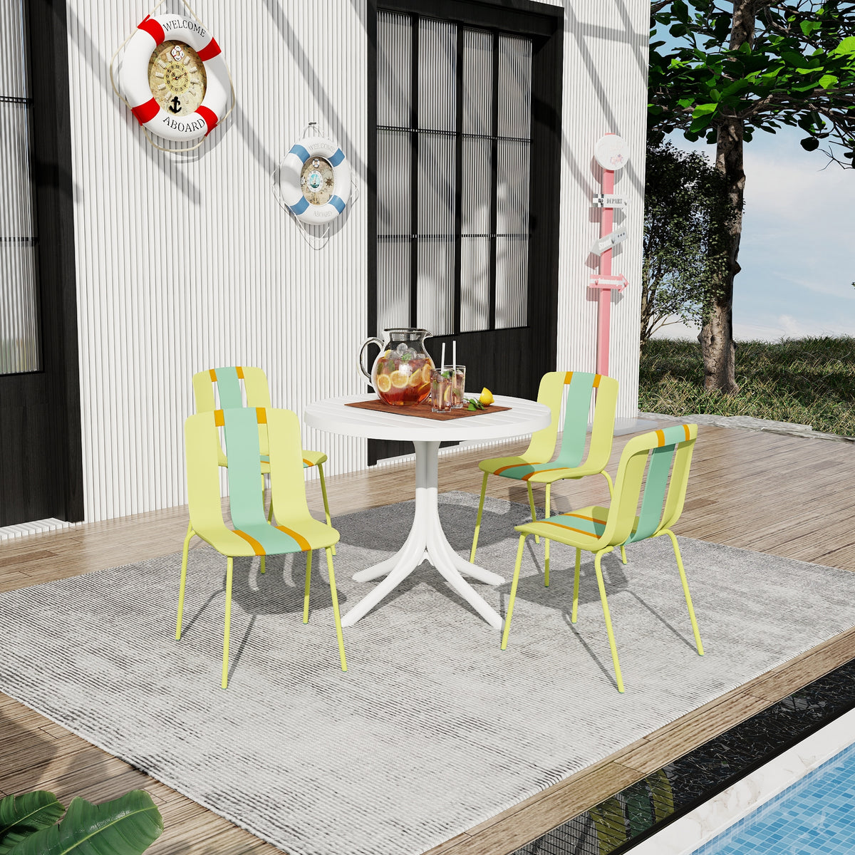 Sommer – 4er-Set moderne gestreifte Color-Block-Stühle – Indoor/Outdoor PP-Sitz & robuste Metallbeine, leuchtendes Gelb, Orange, Grün mit 36 Zoll Indoor/Outdoor modernem weißem runden PP-Tisch