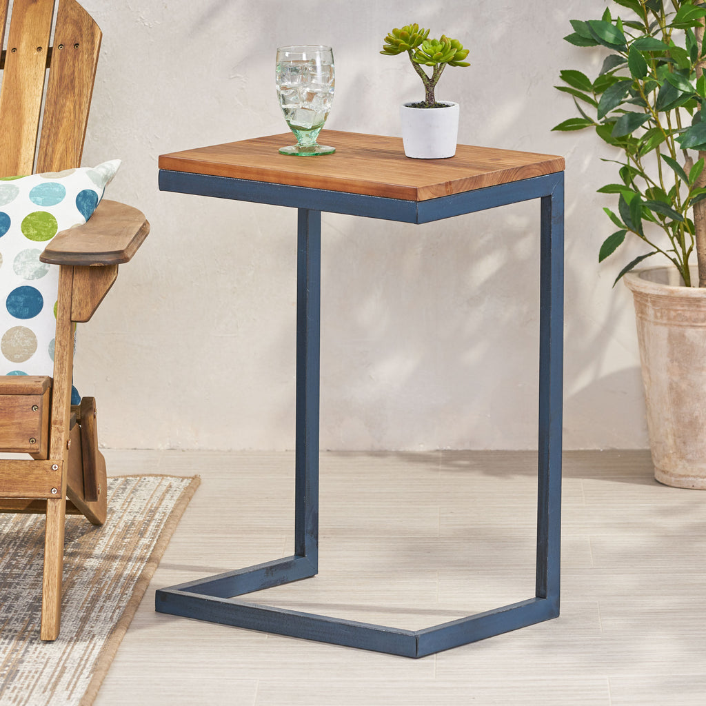 Large C-shaped End Table with Iron Base and Fir Wood Top, Black - Grand Goldman Shop