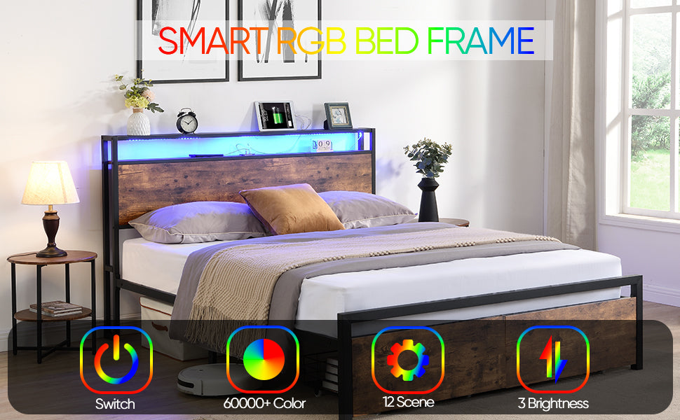 Full Size Bed Frame with Storage Headboard and 2 Drawers, LED Lights Bed with Charging Station, Metal Platform Bed No Noise, Mattress Foundation Strong Metal Slats Support No Box Spring Needed - Grand Goldman Shop