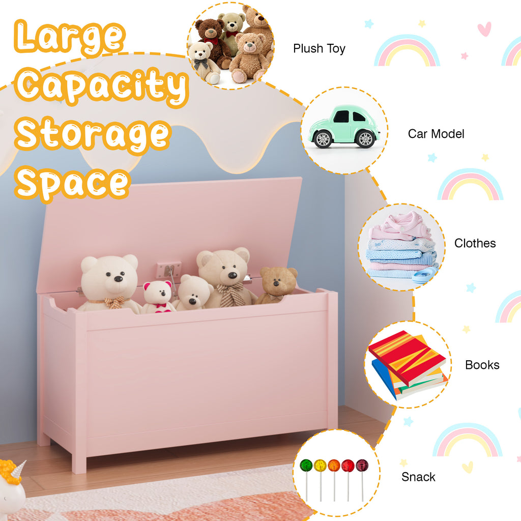 Kids Wooden Toy Box Storage with Safety Hinged Lid for Ages 2+ (Pink) - Grand Goldman