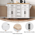 K&K 56.5'' Kitchen Island with Drop Leaf, Power Outlet, Embossed Vertical Stripe Rolling Kitchen Cart on Wheels with 4 Doors , 5 Deep Drawers and Adjustable Shelves, for Kitchen, Dining Room, White - Grand Goldman Shop