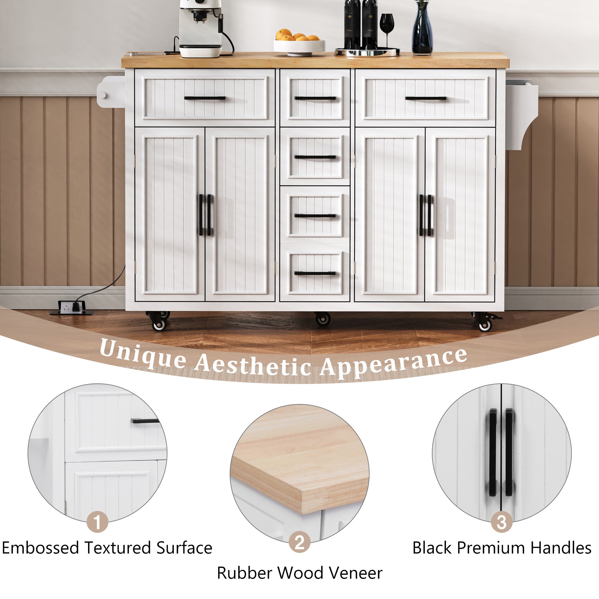 K&K 56.5'' Kitchen Island with Drop Leaf, Power Outlet, Embossed Vertical Stripe Rolling Kitchen Cart on Wheels with 4 Doors , 5 Deep Drawers and Adjustable Shelves, for Kitchen, Dining Room, White - Grand Goldman Shop