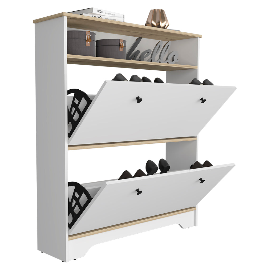 Calgary Shoe Rack, Superior Top, One Open Shelf, Two Extendable Shelves -Light Oak / White - Grand Goldman Shop