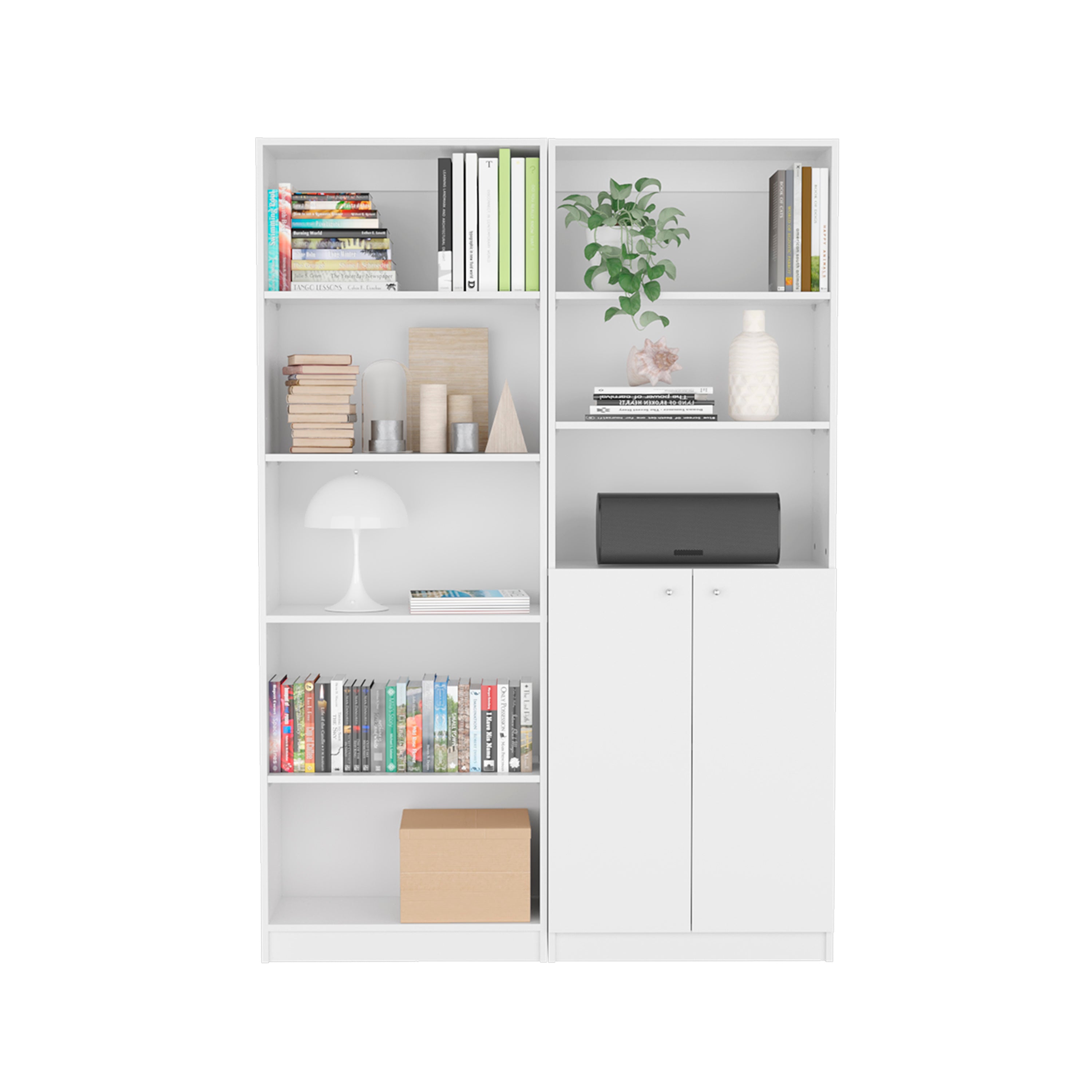 Layton 2 Piece Home Bookcase set, 49' Wide with 8 Shelves and Double Door Cabinet, Living Room Set White | Premium Home Decor