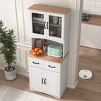 Wooden Kitchen Cabinet White Pantry Room Storage Microwave Cabinet with Framed Glass Doors and Drawer - Grand Goldman Shop