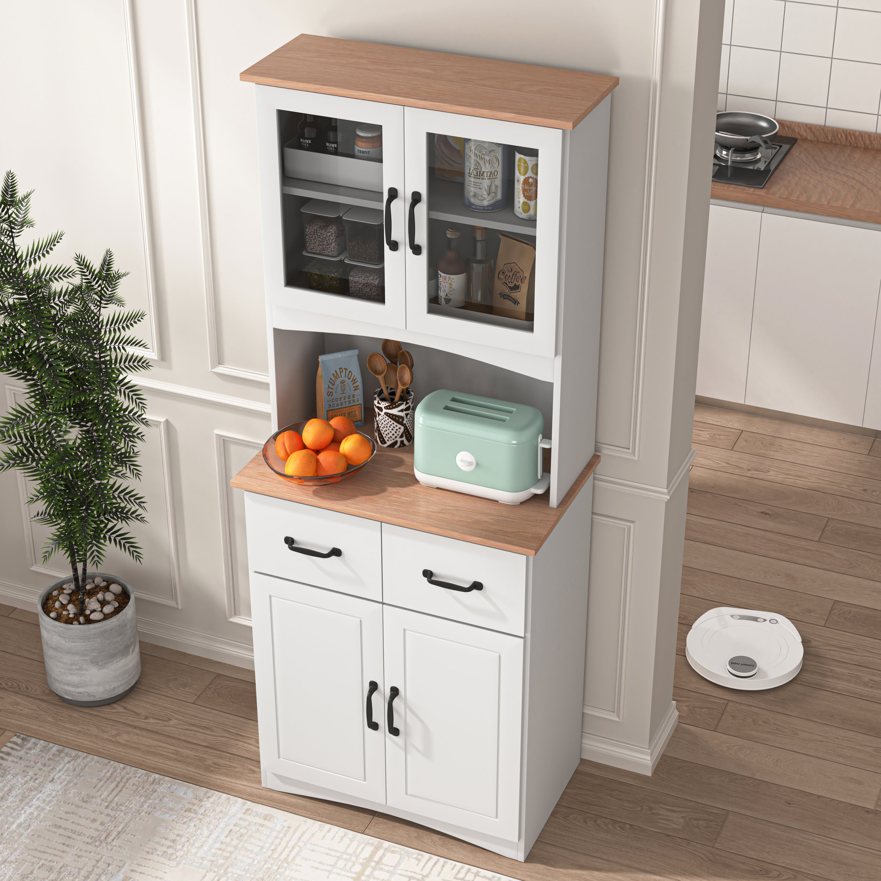 Wooden Kitchen Cabinet White Pantry Room Storage Microwave Cabinet with Framed Glass Doors and Drawer - Grand Goldman Shop