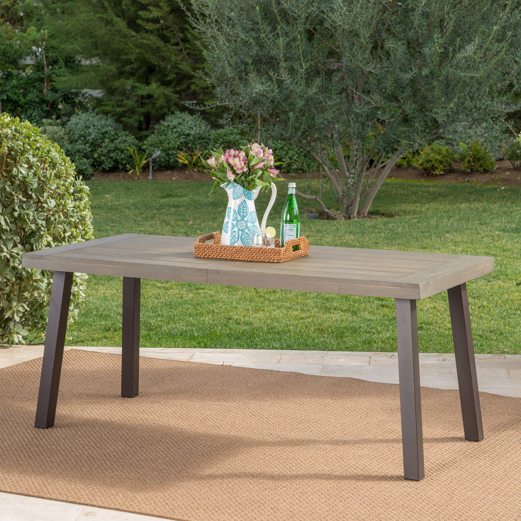 Acacia Wood Dining Table with Slat Design, Grey Finish / Rustic Metal - Grand Goldman Shop