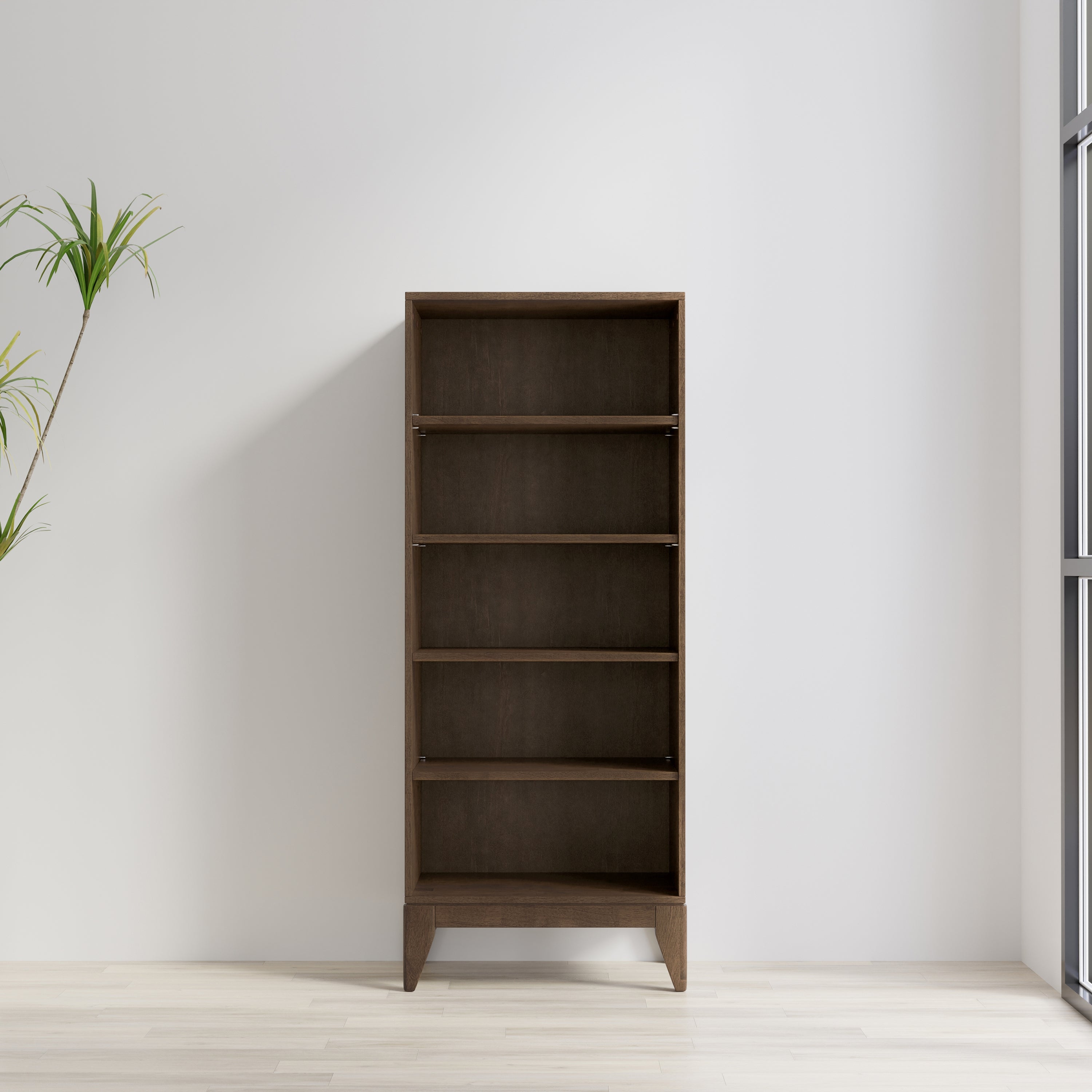 Harper 5 Shelf Bookcase in Walnut Brown with Solid Wood Construction and Mid-Century Modern Design - Grand Goldman