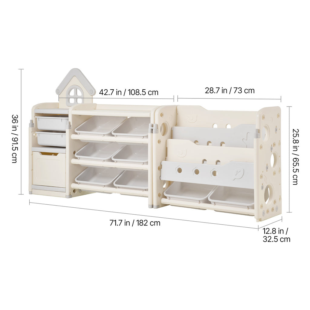 Kids Toy Storage with Bookshelf, 4-Tier Toy Storage Organizer with 10 Movable Plastic Bins, Kids Cubby Cabinet with Bookshelf