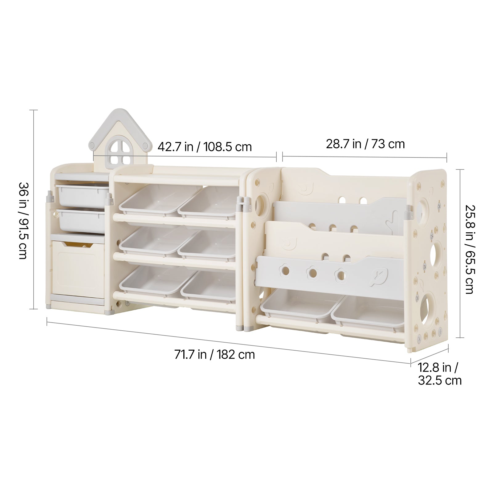 Kids Toy Storage with Bookshelf, 4-Tier Toy Storage Organizer with 10 Movable Plastic Bins, Kids Cubby Cabinet with Bookshelf