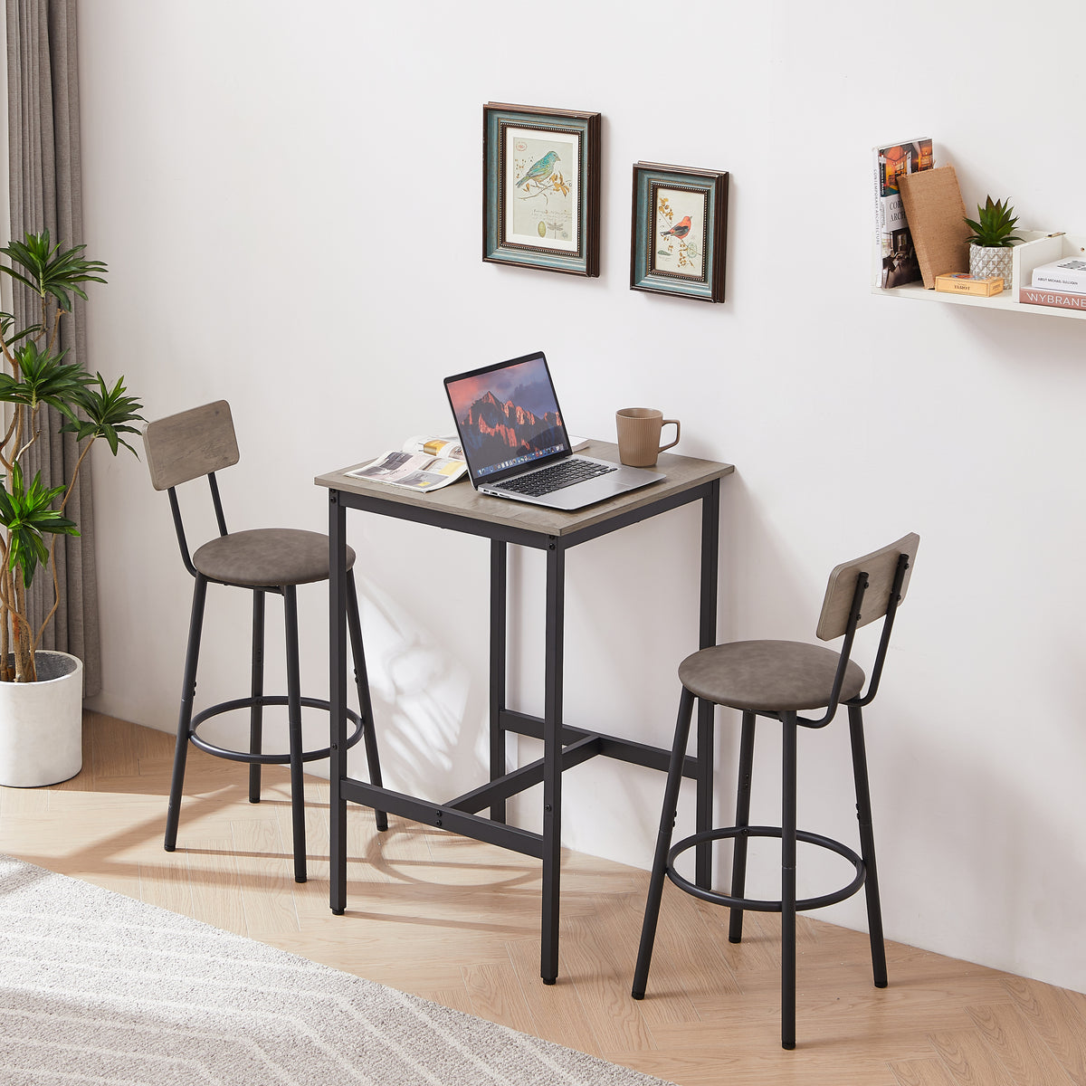 Bar Table Set with 2 Bar stools PU Soft seat with backrest, Grey, 23.62'' W x 23.62'' D x 35.43'' H - Grand Goldman Shop
