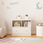 White Wooden Kids Toy Storage Organizer with Large Drawer and Low Bookshelf for Nursery & Playroom, Engineered Wood Cabinet f