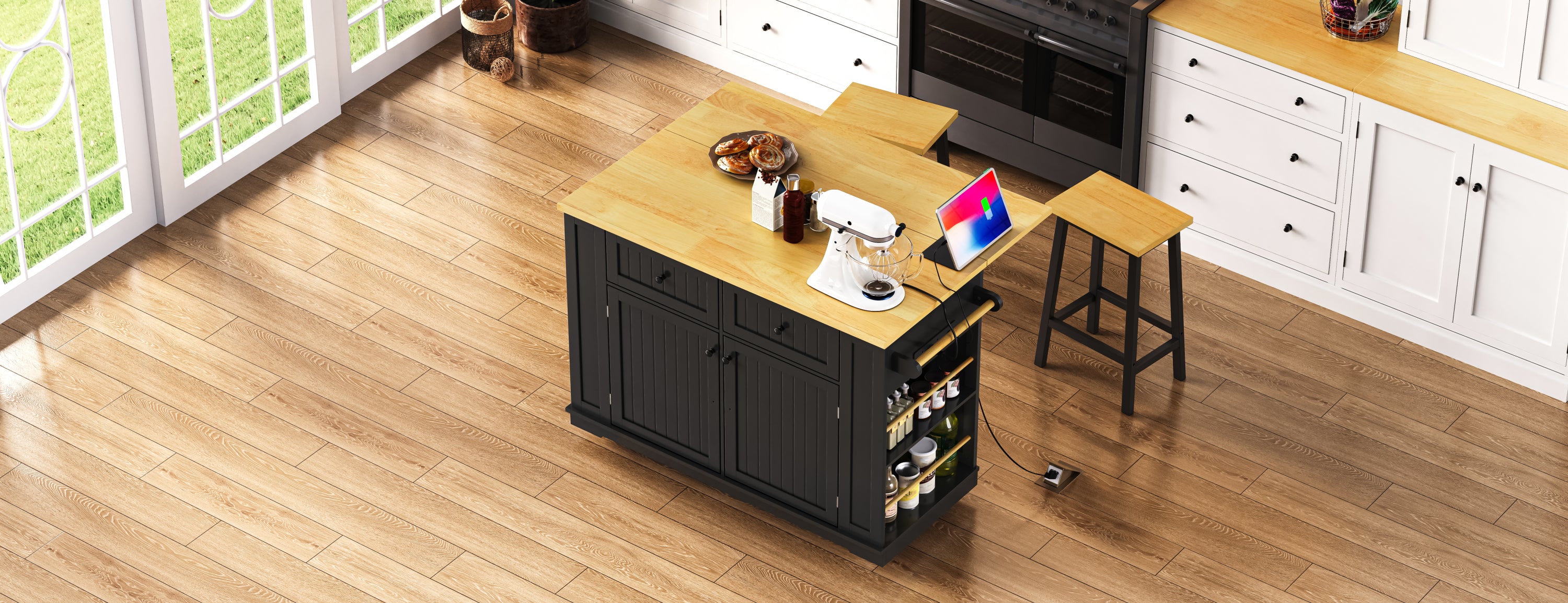 48 inch Kitchen Island with Drop Leaf,Power Outlet,Internal Storage Rack,Rolling Kitchen Storage Cart on 5 Wheels with 5 Open Side Racks,for Kitchen,Black (Old SKU N707P257057B)(Not Include Stools) - Grand Goldman Shop