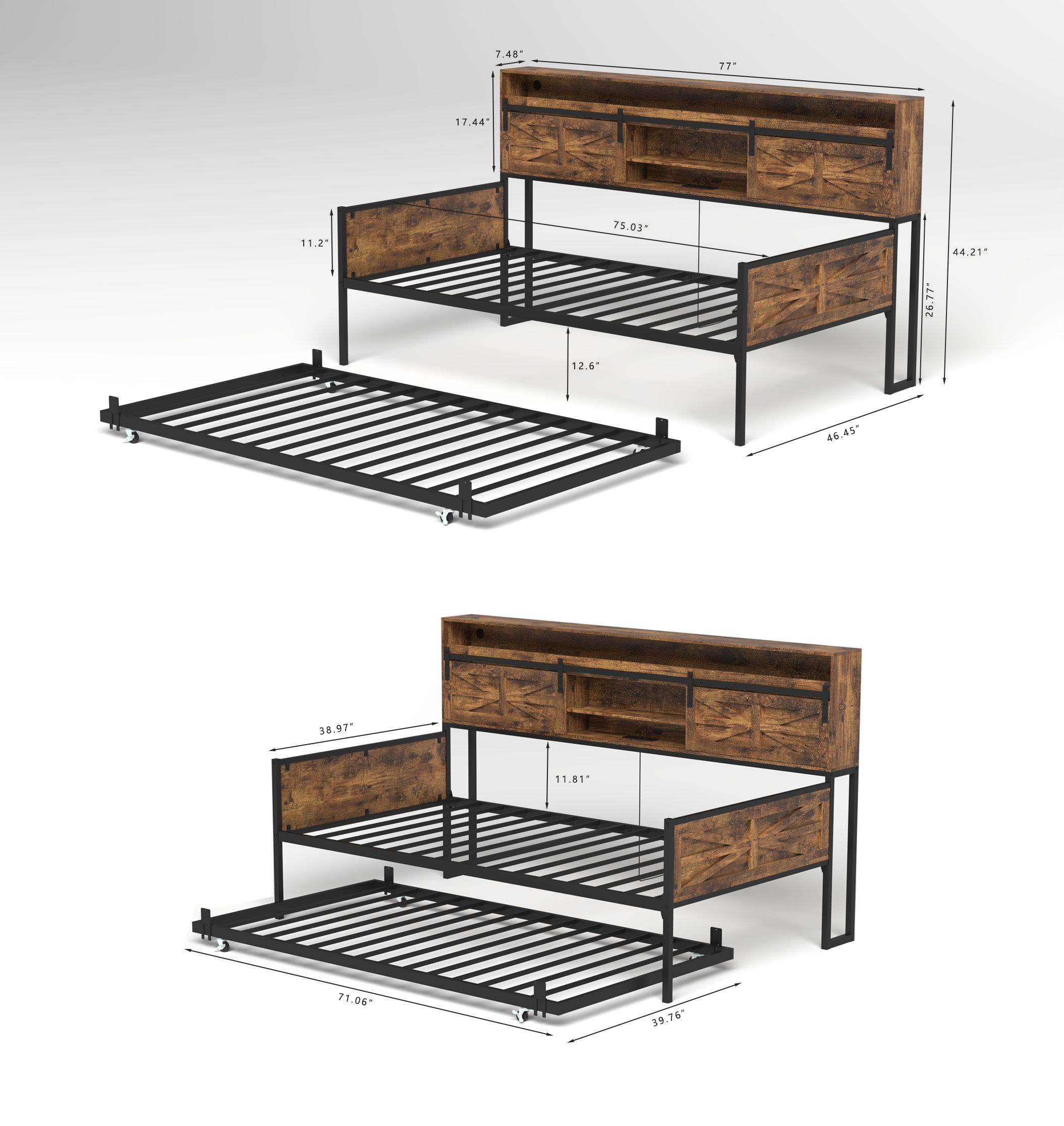 Twin Daybed with Trundle, Farmhouse Daybed Frame with Sliding Barn Door Headboard and Charging Station & LED Light for Bedroom and Guest Room, Rustic Brown - Grand Goldman Shop