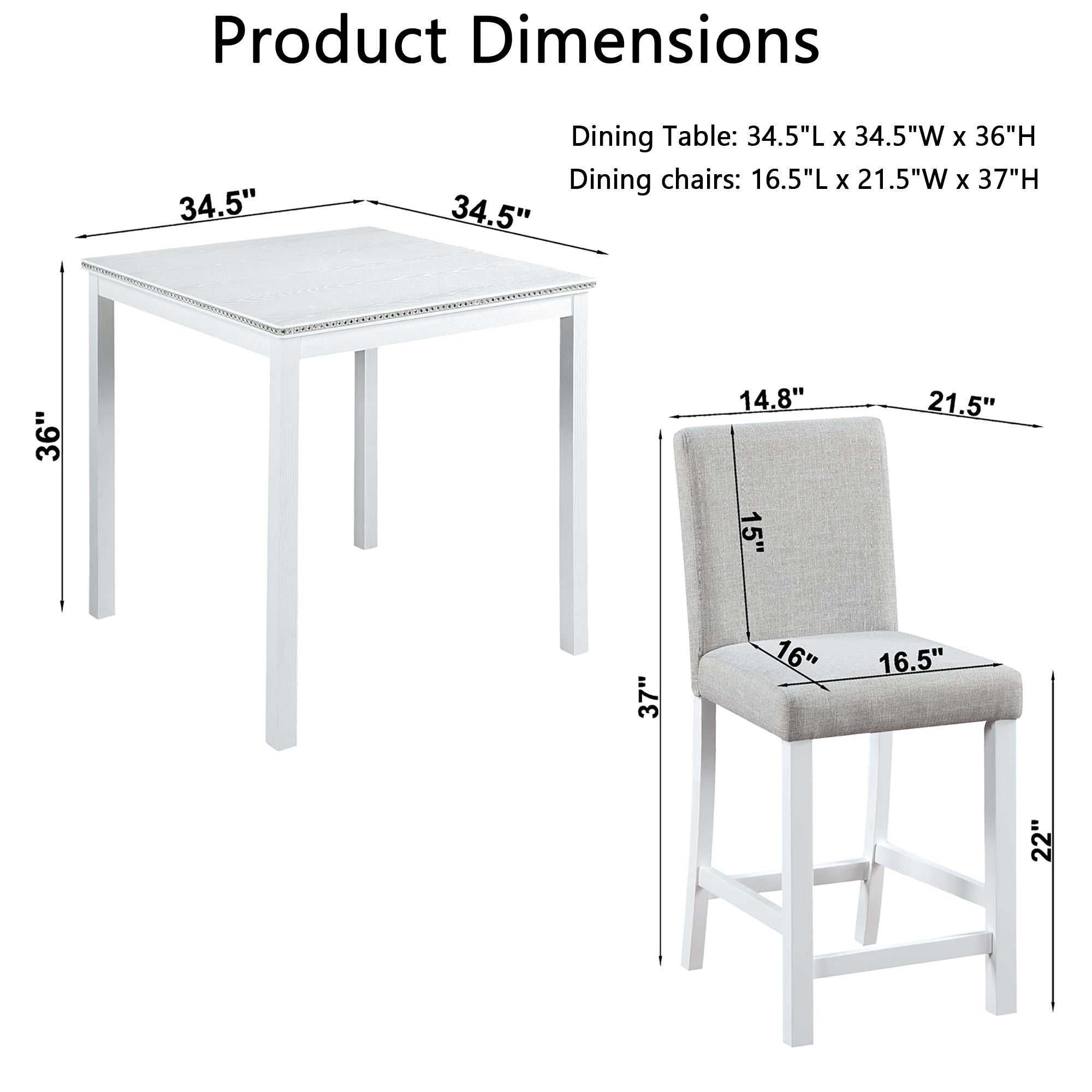 5 Piece Counter Height Table Set, Wooden Kitchen Table Set with Square Table and 4 Upholstered Chairs, Counter Height Dining Table with Crystal Decoration and Chair Set for Kitchen, Dining Room, White - Grand Goldman Shop
