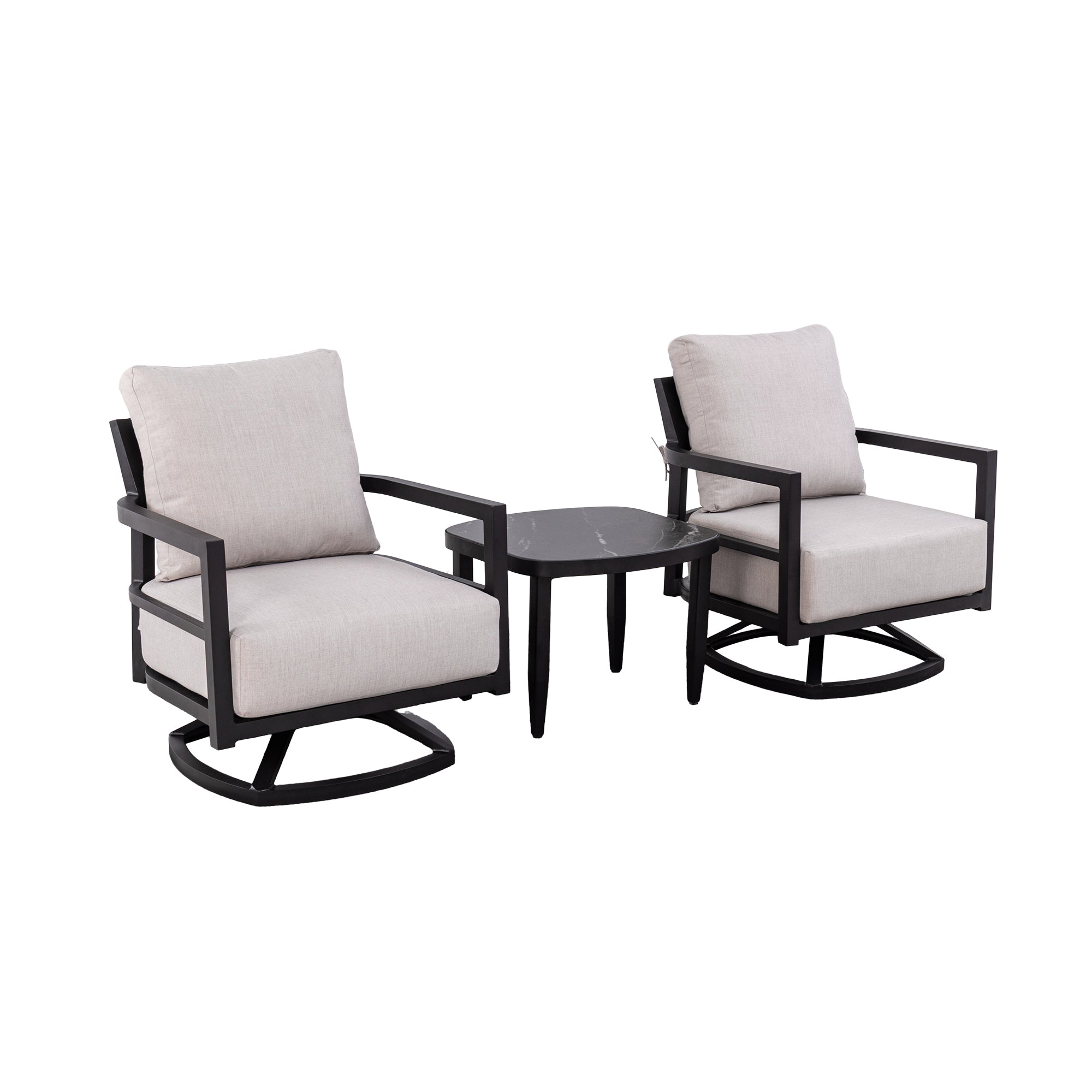 3-teiliges Outdoor-Aluminium-Terrassenmöbel-Set mit drehbaren Lounge-Sesseln, Sunbrella-Kissen, Couchtisch aus gesintertem Stein in schwarzer Marmoroptik, Ember Black Finish