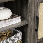 Farmhouse Rattan TV Stand Console Table for TVs up to 70 Inches, TV Console Table with 2 Storage Shelves, 2 Natural Rattan Door Cabinets, 65'W*15.55'D*23.86'H, Gray - Grand Goldman Shop