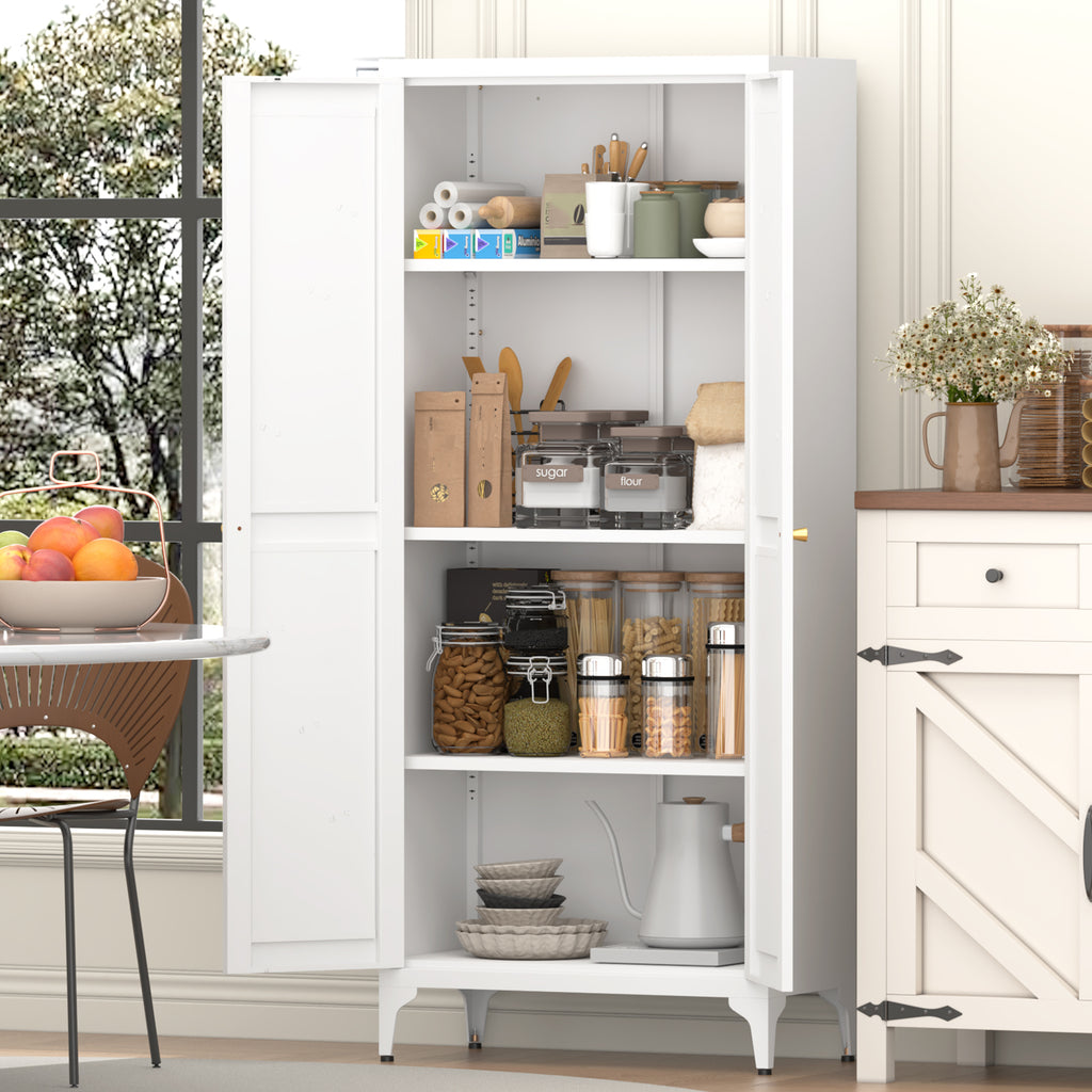 White Metal Adjustable 2-Door Storage Cabinet with Powder-Coated Steel, Striped Design, Gold Handles, 4 Adjustable Shelves fo