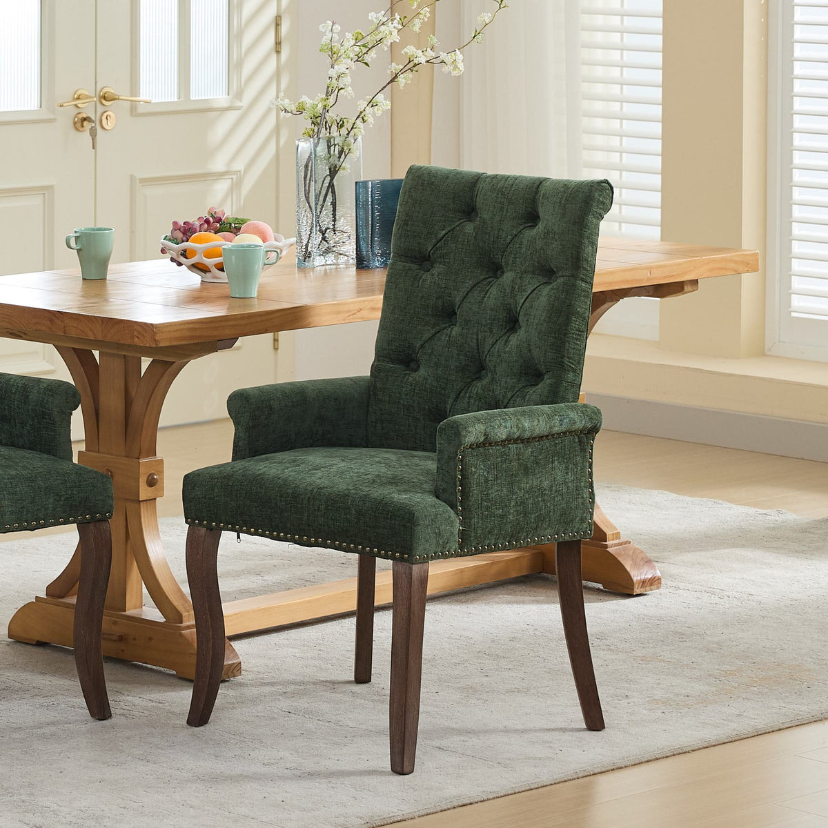 Upholstered Chenille Fabric Accent Dining Chair, Curved Solid Wood Legs, Elegant Tufted Club Dining Room Kitchen Room Arm Dining Chair, Single Pack,Olive Green,SW1895OL - Grand Goldman Shop