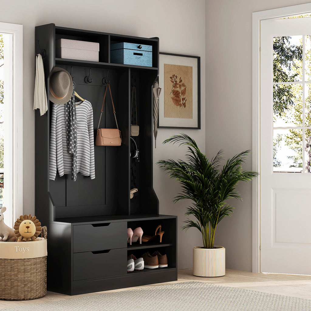 Hall Tree with 6 Hooks,Coat Hanger, Entryway Bench, Storage Bench,for Entrance, Hallwa,black - Grand Goldman Shop