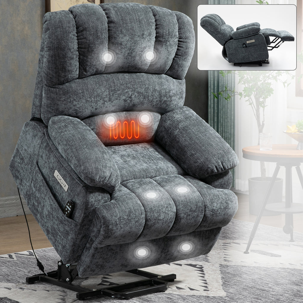 23' Seat Width and High Back Large Size Blue Grey Chenille Power Lift Recliner Chair with 8-Point Vibration Massage and Lumbar Heating - Grand Goldman Shop