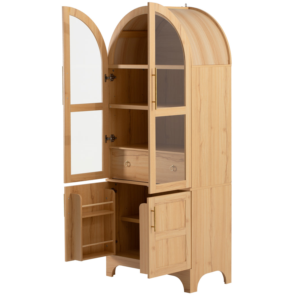 K&K 71' Tall Arched Kitchen Pantry Cabinet with Door Shelves, Farmhouse Kitchen Storage Cabinet with Open & Adjustable Shelves, Hidden Drawer & Glass Door, Cupboard for Kitchen, Dining Room, Natural - Grand Goldman Shop