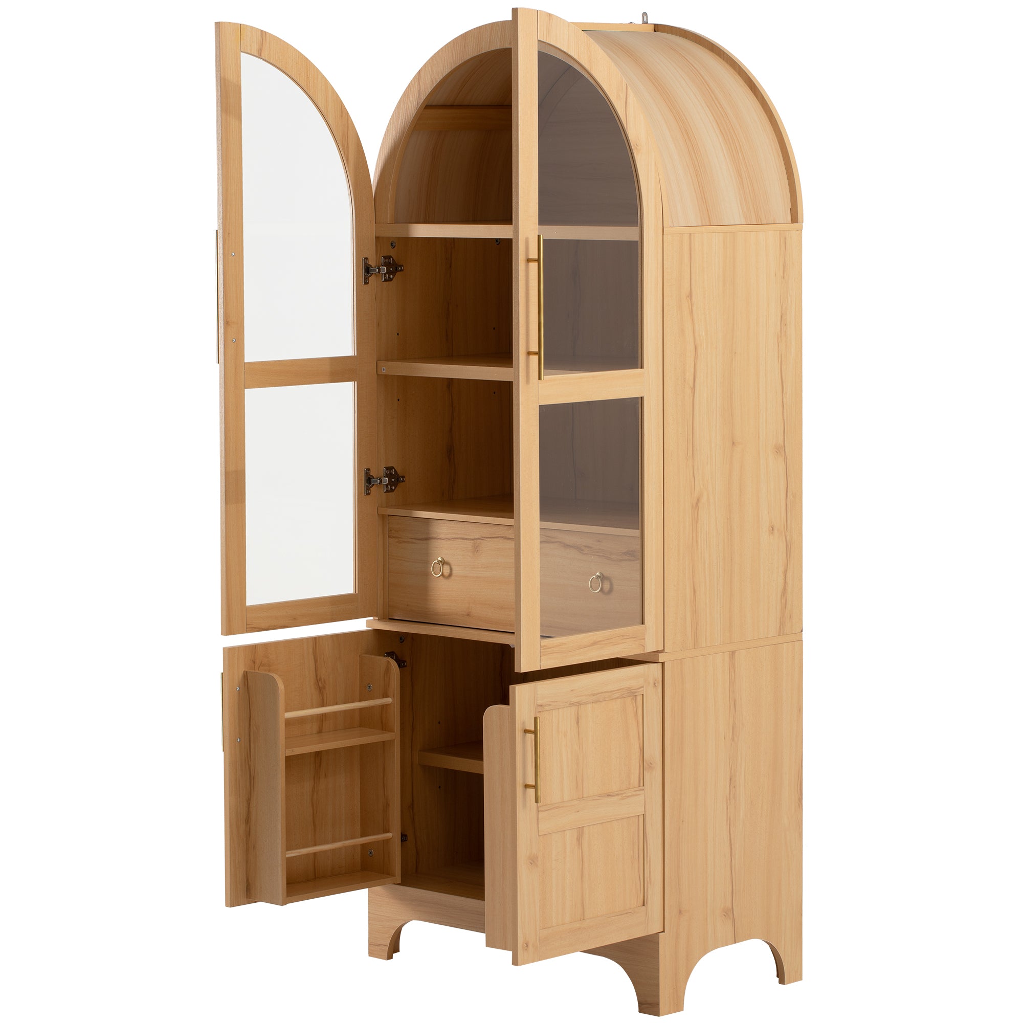 K&K 71' Tall Arched Kitchen Pantry Cabinet with Door Shelves, Farmhouse Kitchen Storage Cabinet with Open & Adjustable Shelves, Hidden Drawer & Glass Door, Cupboard for Kitchen, Dining Room, Natural - Grand Goldman Shop