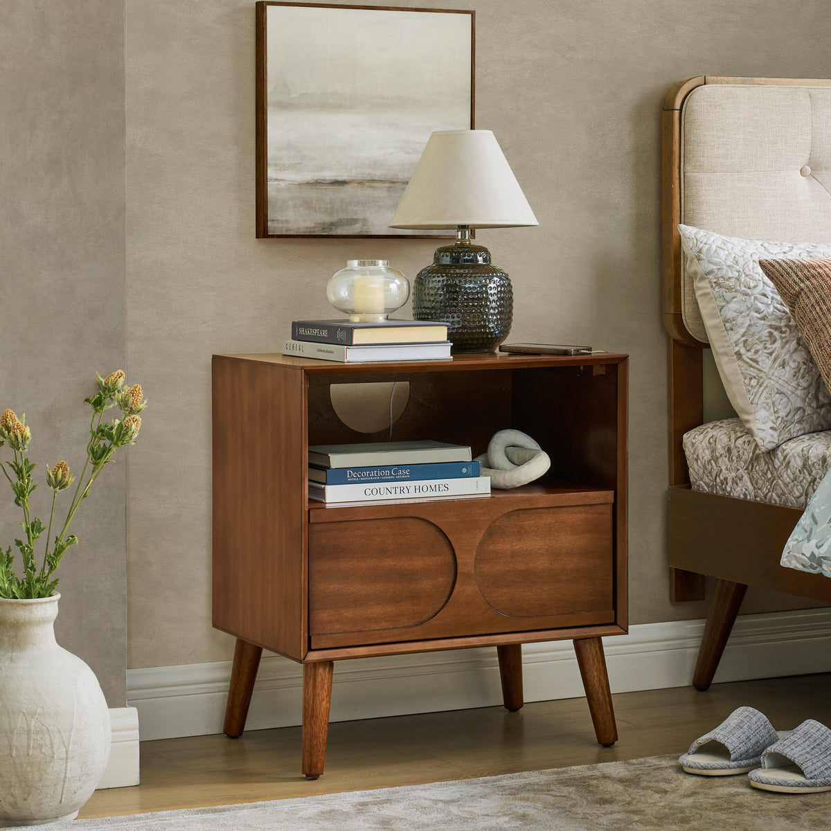Mid Century Modern Fluted Nightstand with Charging Station USB Ports & Outlet Hole & 4 Solid Wood Legs, Farmhouse End Table with Open Space and Drawer Dresser, Walnut - Grand Goldman Shop